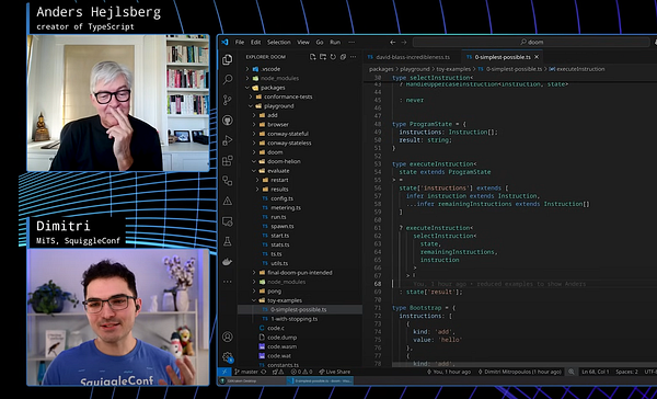 A video conference featuring Anders Hejlsberg and Dimitri discussing TypeScript and its application in creating a DOOM-like game.