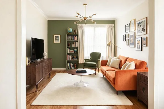 An Eclectic living room in the Olive and Tangerine palette