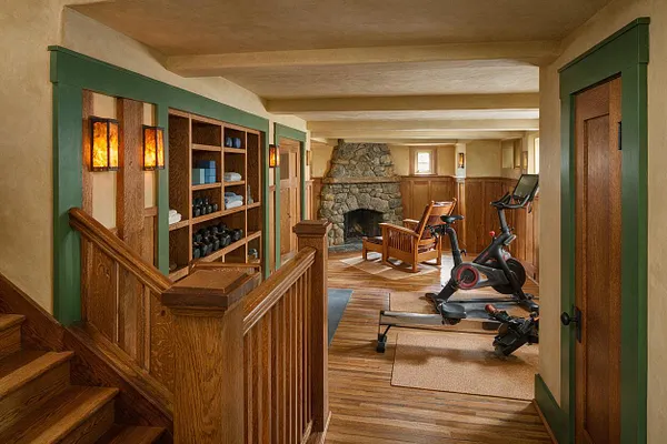 A Craftsman-style home gym with warm wood paneling, green-painted trim, and built-in shelving for towels and equipment. The room includes exercise bikes, a rowing machine, a wooden chair, and a large stone fireplace at the far end, creating a cozy workout space.