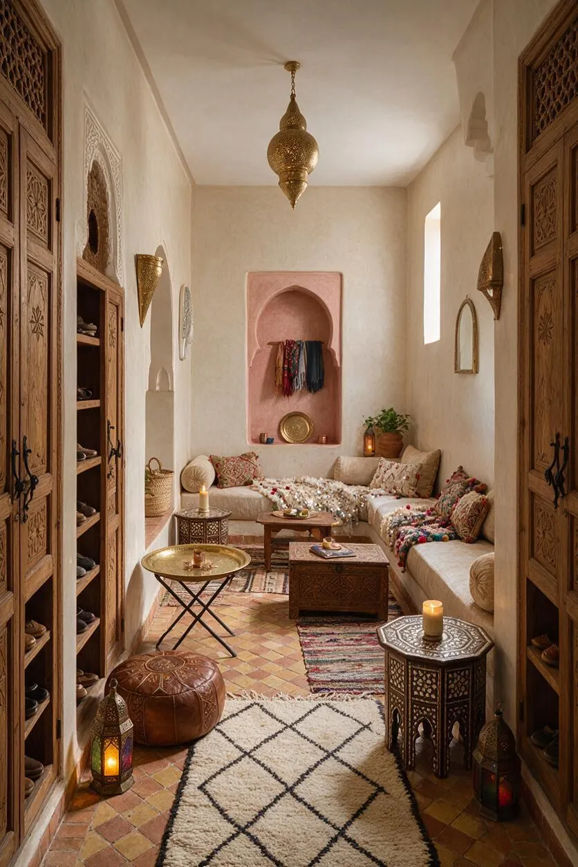 A narrow Moroccan-style closet or dressing room with carved wooden wardrobe doors on both sides, cream plaster walls, and a recessed pink niche at the far end. The space includes a low built-in sofa with patterned cushions, brass lanterns, carved side tables, layered rugs, and terracotta tile flooring, creating a warm, intimate atmosphere.
