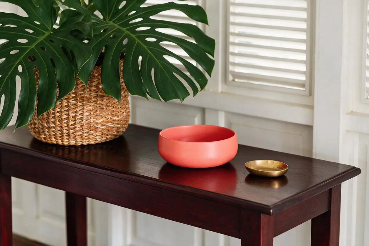 A tropical-style vignette on a dark wood console table features a large monstera leaf arrangement in a woven basket, a matte coral bowl, and a small brass dish. White window shutters and paneled walls create a bright, airy backdrop.