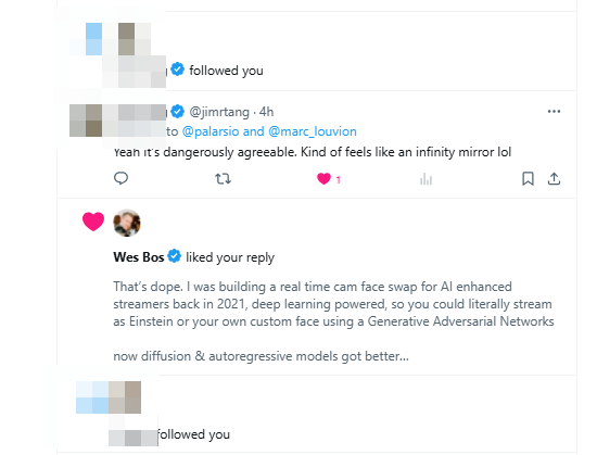 A Twitter conversation featuring user interactions and replies about AI technology.
