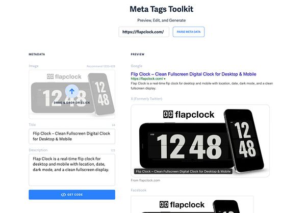 Screenshot of the MetaTags.io website displaying meta tag editor interface with preview and editing panels.