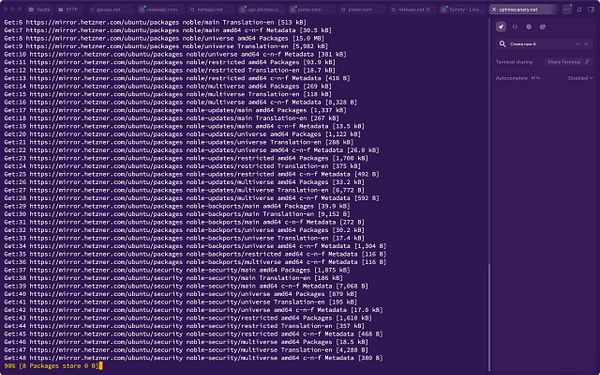 The image displays a terminal window showing a list of package updates being retrieved from a mirror server for Ubuntu.