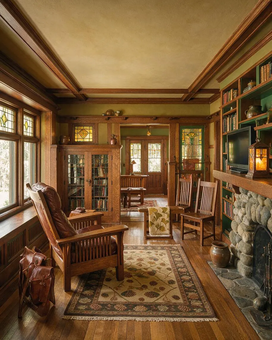 A cozy Craftsman-style media room with rich wood trim, stained glass windows, and built-in shelving around a television. The room includes leather and wood armchairs, a stone fireplace, patterned rugs, and warm amber lighting that creates an inviting, traditional atmosphere.