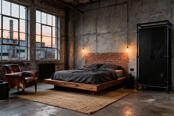 Industrial bedroom with raw concrete walls and a partial red brick headboard behind a low solid-wood platform bed dressed in charcoal linens. Large steel-framed windows reveal a factory view at dusk; two bare Edison bulbs hang over black cylinder side tables, a distressed leather armchair sits by a radiator, and a matte-black pipe-framed wardrobe stands to the right on a polished concrete floor with a woven jute rug.
