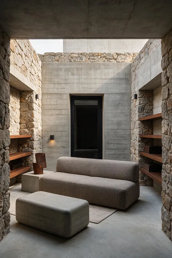 A brutalist-style patio with exposed concrete walls and ceiling, rough stone side walls, and built-in wooden shelves along both sides. The space includes a textured taupe sofa, a matching ottoman, a low concrete side table, and a minimalist metal vessel, creating a quiet, sheltered seating area.