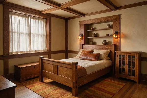 A Craftsman-style basement bedroom with a wooden bed centered against a recessed shelf niche, flanked by amber wall sconces. The room features exposed wood trim and beams, a soft beige and brown palette, a woven area rug, sheer curtains over a large window, and a small glass-front cabinet beside the bed.