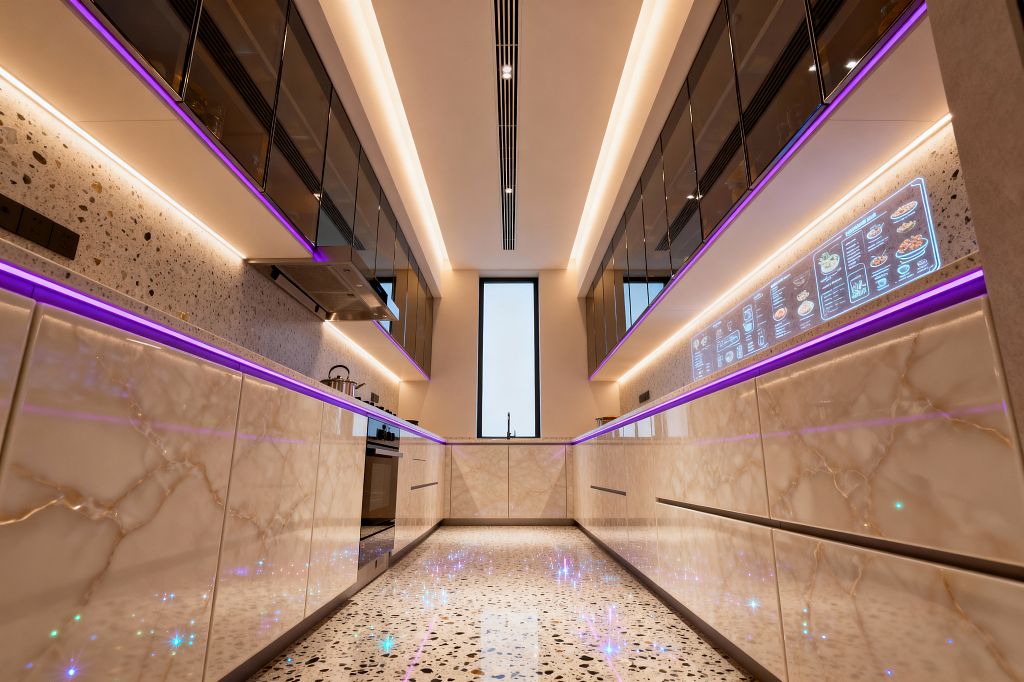 A long, narrow galley kitchen features glossy marble-effect base cabinets and smoked-glass upper units flanking a terrazzo floor and backsplash. Warm white cove lighting and under-cabinet LEDs with a purple accent strip illuminate handleless drawers, a stainless range hood, and a central sink below a tall black-framed window. A digital touchscreen panel spans part of the right backsplash, reinforcing the sleek, futuristic aesthetic.