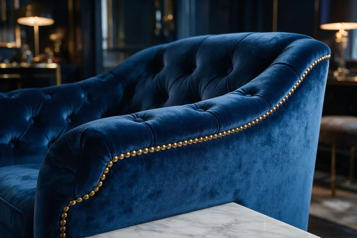 A close-up of a deep blue velvet sofa with a rounded, sculptural back and brass nailhead trim tracing the outer edge. A white marble tabletop sits in the foreground, while the softly lit, dark background suggests a glamorous lounge interior.