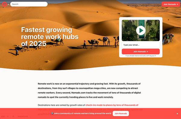 The image features a webpage promoting the fastest growing remote work hubs of 2025, set against a backdrop of desert dunes.