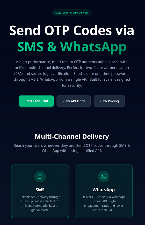 The image promotes a multi-channel OTP delivery service for SMS and WhatsApp.