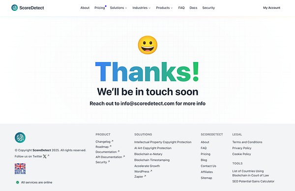 The image displays a thank-you message from ScoreDetect, indicating that they will be in touch soon.