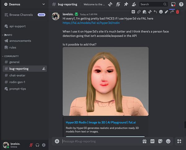 A 3D model of a face with noticeable distortions is displayed alongside a chat interface discussing issues with Hyper3D's image processing.