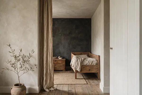 A serene nursery with a rustic wooden crib, textured neutral walls, and a dark charcoal accent wall at the back. A simple wooden chest, woven rug, and draped linen curtain add warmth, while a small potted olive branch sits on the left, creating an organic, minimalist atmosphere.