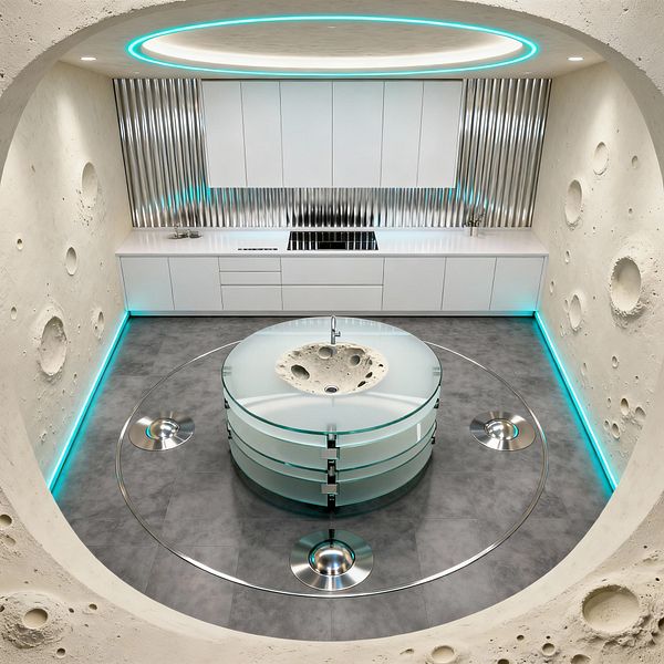 Futuristic laundry room with arched, moon-like plaster walls carved with craters and teal LED strips along the floor and a circular ceiling cove. A central round island made of stacked frosted-glass discs surrounds a cratered stone sink with a gooseneck faucet; the back wall features handleless white cabinets, a seamless white countertop, and a corrugated stainless backsplash, all set on large gray porcelain tiles with four polished metal floor insets.