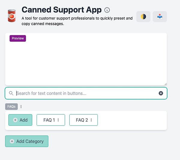 The image displays the user interface of the Canned Support App, showcasing its features for managing canned messages.