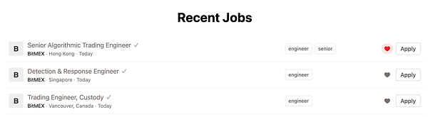 A job listing interface displaying recent job openings at BitMEX.