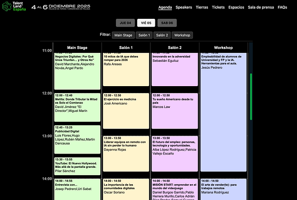 The image displays the agenda for the Talent Land conference scheduled for December 4-6, 2025, highlighting various talks and workshops.
