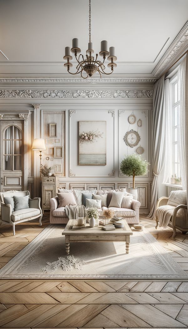 an image of a cozy living room with distressed wooden furniture, soft pastel colors, and mixed textures like linen and lace, embodying the Shabby Chic style