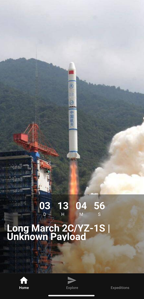 A rocket launch countdown display for the Long March 2C/YZ-1S rocket is shown.