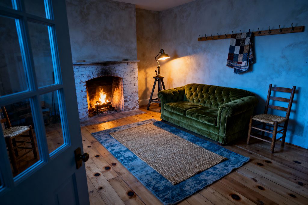 A cozy farmhouse living room features a lit wood-burning fireplace in a whitewashed brick surround opposite an olive green tufted velvet sofa. A black metal tripod lamp highlights knotty pine floors layered with a faded blue rug and narrow jute runner, a long wood peg rail with a patchwork quilt, and a ladder-back chair with a rush seat, while cool evening light filters through a glass-paned door.