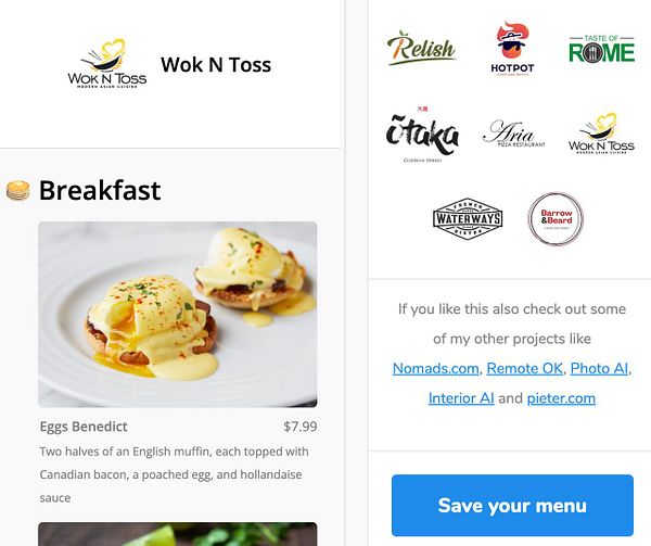 The image displays a menu section for a restaurant called Wok N Toss, featuring a breakfast item and various logos of related projects.