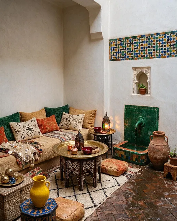 A small Moroccan-style courtyard with white plaster walls, a built-in green zellige fountain, and a decorative niche holding a potted plant. Low seating with patterned cushions, layered rugs, brass trays, lanterns, and terracotta vessels creates a warm, intimate atmosphere.