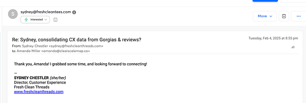 An email correspondence discussing CX data consolidation and scheduling a meeting.