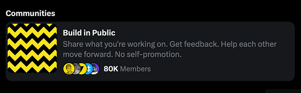 A community card for 'Build in Public' showcasing its member count and description.