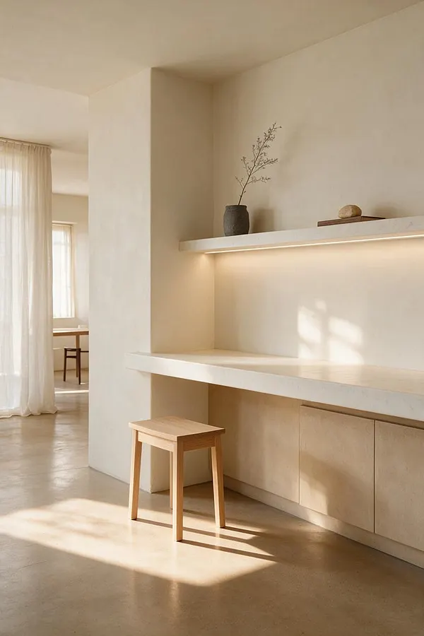 A minimalist interior vignette with soft beige walls, a floating white shelf, and a small wooden stool on a polished concrete floor. Natural light filters in from the left through sheer curtains, creating gentle shadows and a calm, airy atmosphere.