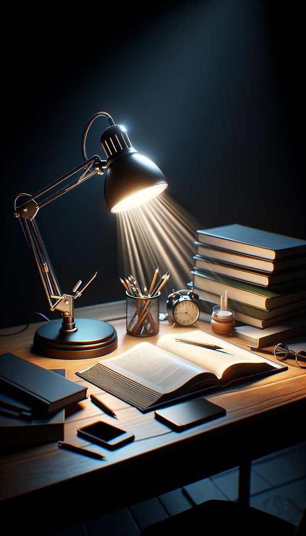 A desk with a task lamp shining a focused beam of light on a book and notebook, illustrating the concept of task lighting.