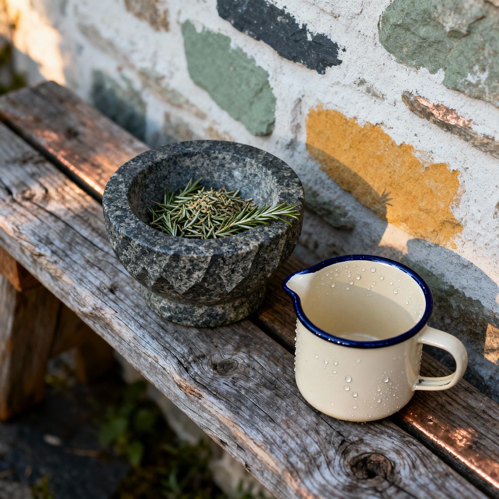 On a rustic patio bench of weathered wood sits a gray granite mortar filled with fresh rosemary sprigs and dried seeds, next to a cream enamel mug with a navy rim beaded with water droplets. Behind them, a rough mortar-and-stone wall with irregular pieces in sage green, charcoal gray, and ochre catches warm sunlight, creating soft shadows and emphasizing the natural textures and timeworn character.