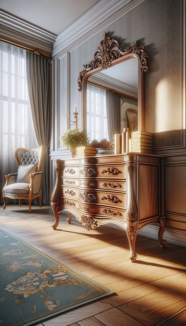 a lowboy dresser in a bright, elegantly decorated room, showcasing its intricate leg design and being used as a dressing table with a mirror above it