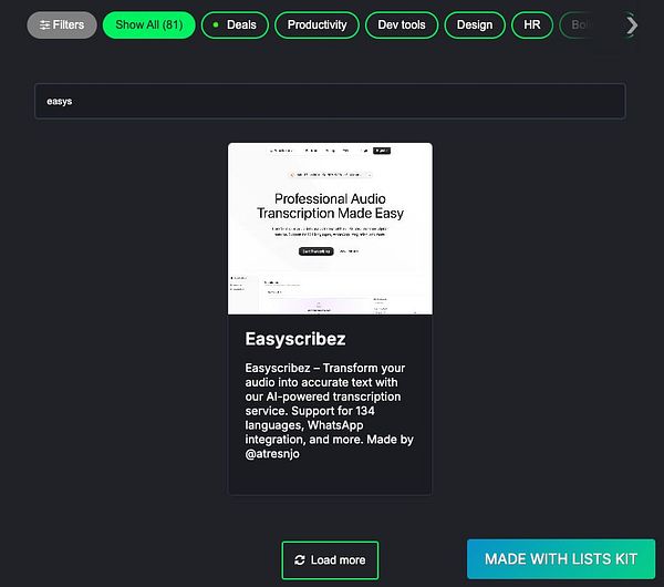 The image displays a user interface for the Commit365 directory featuring the Easyscribez audio-to-text transcription tool.