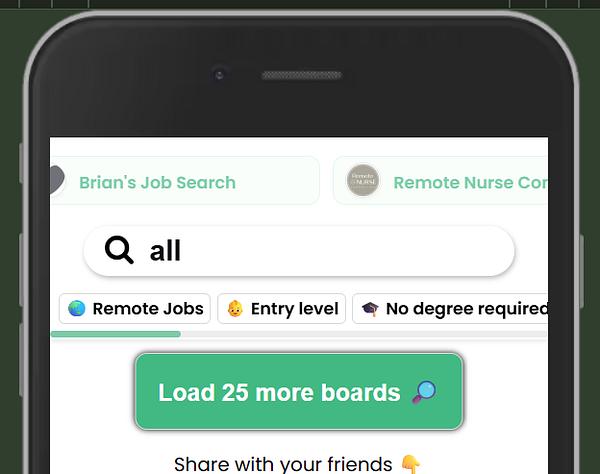 Mobile search results page showing multiple job listings with a Load More button at the bottom.