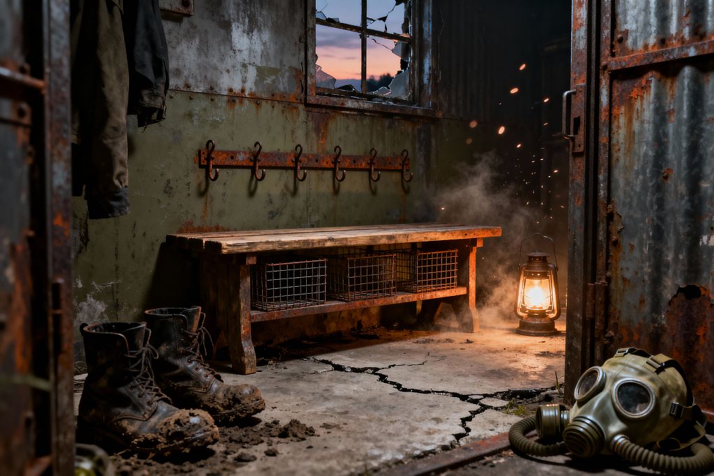 A narrow mudroom in a post-apocalyptic style features a cracked concrete floor with mud and heavy boots, a rough wood bench with three wire-mesh baskets beneath, and a rusted hook rail on olive-green and metal-clad walls. A broken-paned window shows dusk as a lit kerosene lantern glows amid drifting dust and sparks near a corrugated steel door; a dark coat hangs on the wall and a gas mask rests on the floor.