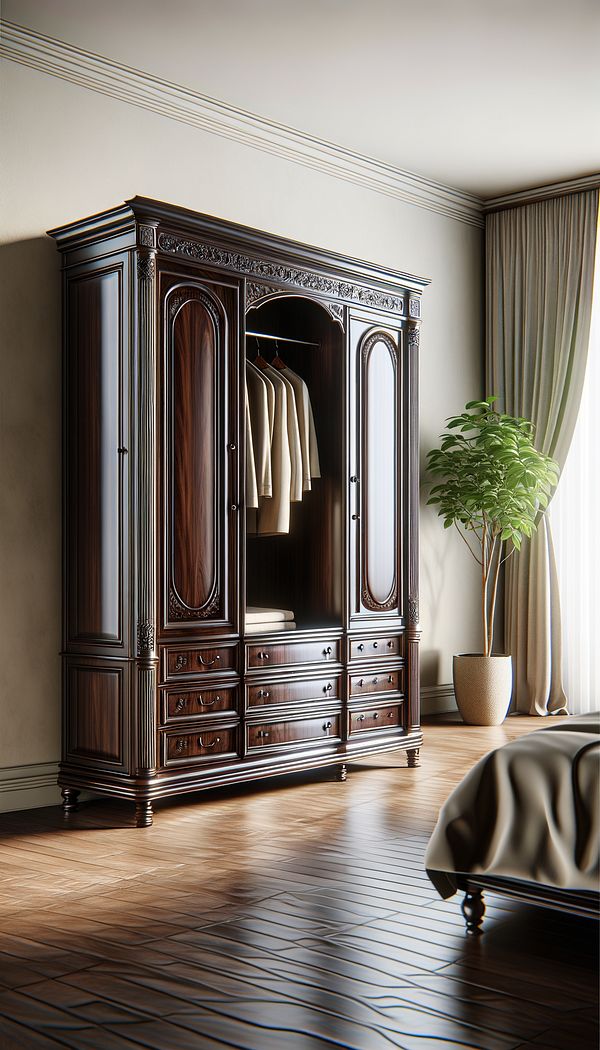 An elegant chifforobe made of polished dark wood, situated in a well-lit bedroom corner, showcasing a blend of hanging space and drawers.