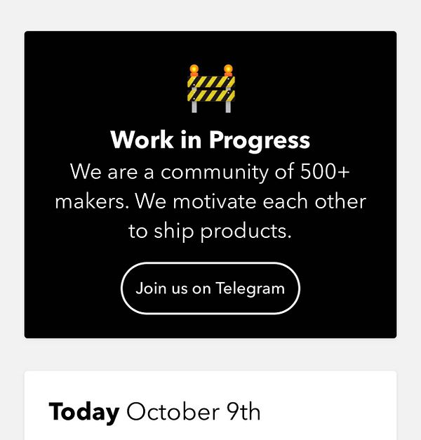 The image features a 'Work in Progress' community message with a Telegram invitation.