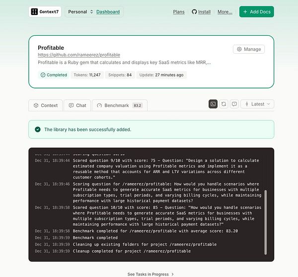 The image displays a task management interface showing the addition of the 'Profitable' Ruby gem to Context7.