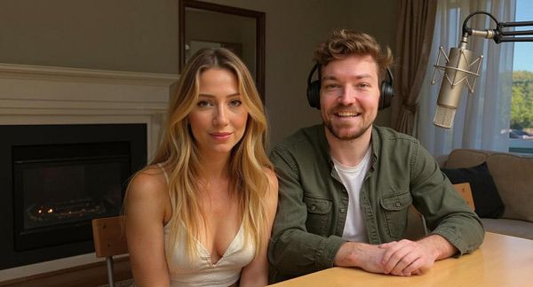 A man and a woman are seated at a table in a cozy indoor setting, both smiling and engaged in a recording session.