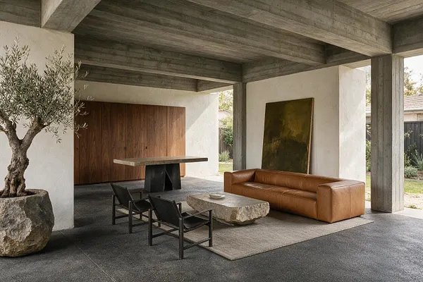 A Brutalist-style backyard seating pavilion with exposed concrete beams and columns, white plaster walls, and a dark stone floor. The space includes a tan leather sofa, black lounge chairs, a rough stone coffee table, a wood cabinet wall, and a large potted olive tree.