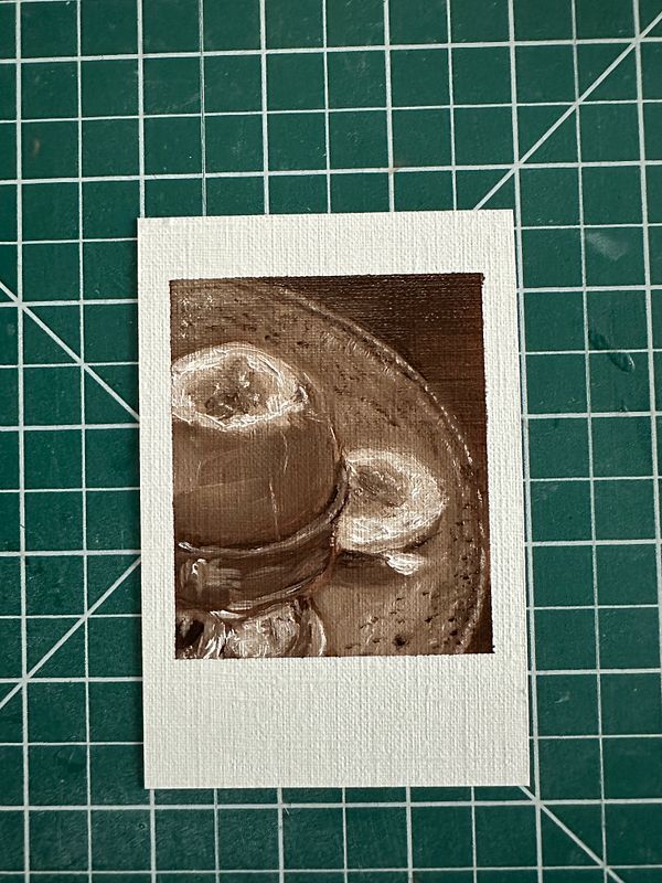 A Polaroid-style painting featuring a close-up of a hat and a hand.