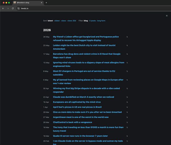 Screenshot of a medium.com blog post titled 'Vibe Coded Blog' with sections like Latest, No Tech, and Tech categories.