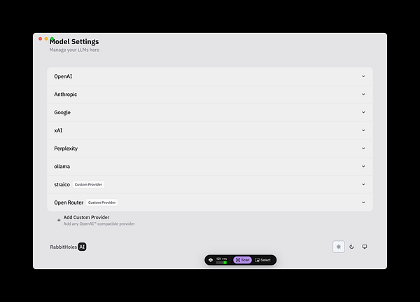 The image displays a user interface for managing model settings related to various AI providers.