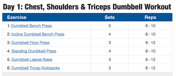 A workout plan for chest, shoulders, and triceps exercises is displayed in a table format.