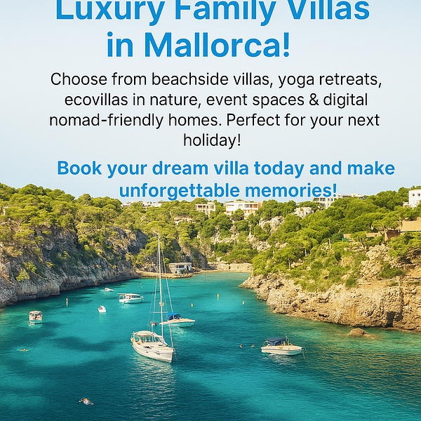 A picturesque view of a bay in Mallorca featuring luxury villas and boats.