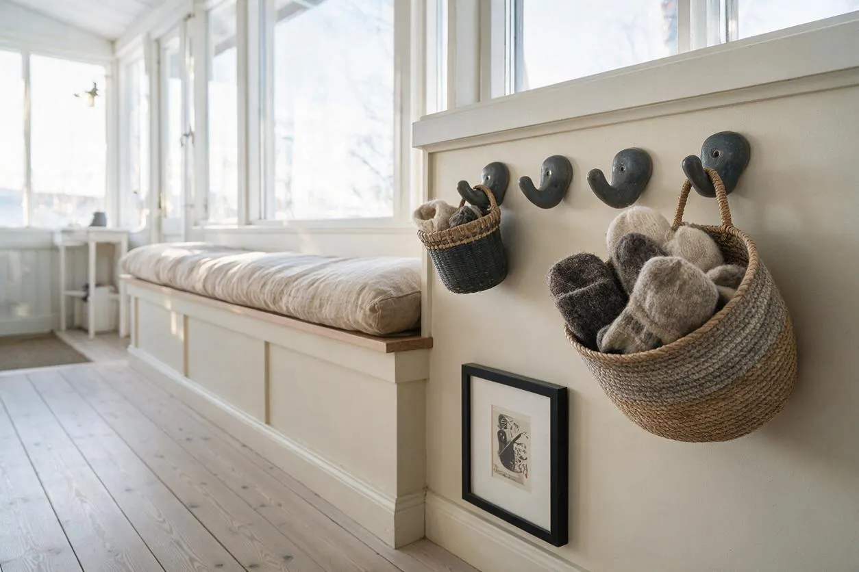 A bright Scandinavian-style front porch with white-painted walls, large windows, and a built-in bench with a cushioned seat. On the wall are dark hooks holding woven baskets filled with wool slippers, alongside a framed print and light wood flooring.