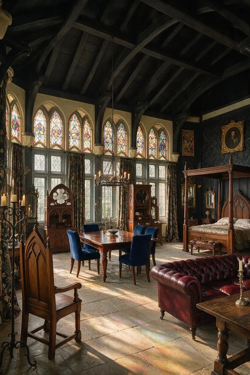 A dramatic Gothic-style sunroom with a high exposed dark timber ceiling, tall pointed stained-glass windows, and stone flooring. The room includes a wooden dining table with blue velvet chairs, a four-poster bed, a burgundy leather sofa, candle stands, and ornate carved wood furnishings.
