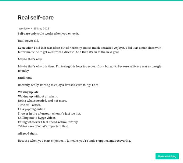 A reflective post about self-care practices and recovery from burnout.
